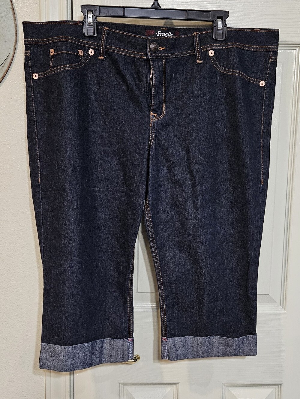 Fragile Dark Indigo Cuffed Capris - Classic Five-Pocket Denim